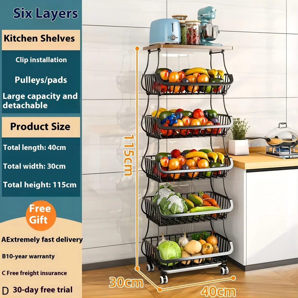 Black six layer freestanding kitchen storage rack with floor trolley base