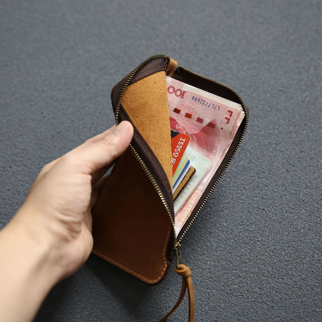 Men's genuine leather zip wallet 18cm top layer cowhide dark brown Crazy Horse leather sewing line detail