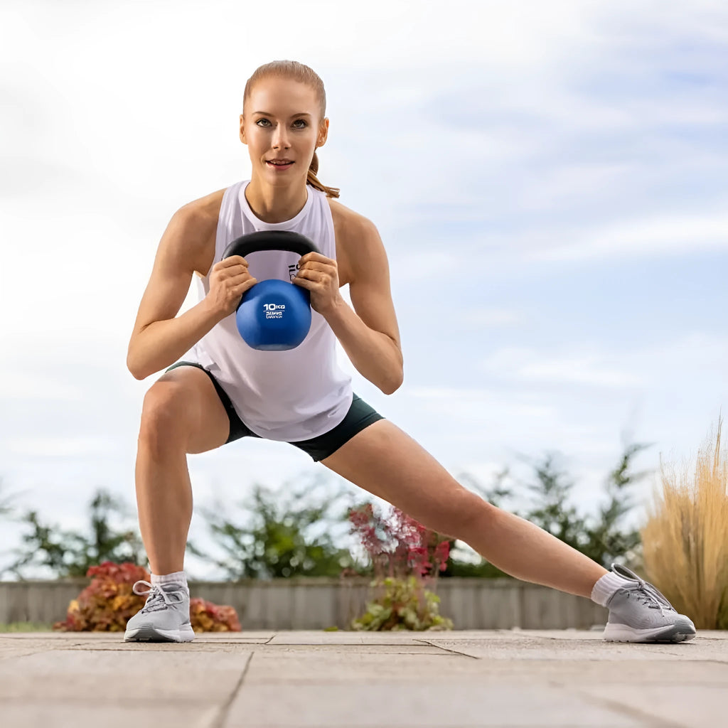 Blue 10KG cast iron dumbbell with a teapot-shaped kettlebell design.