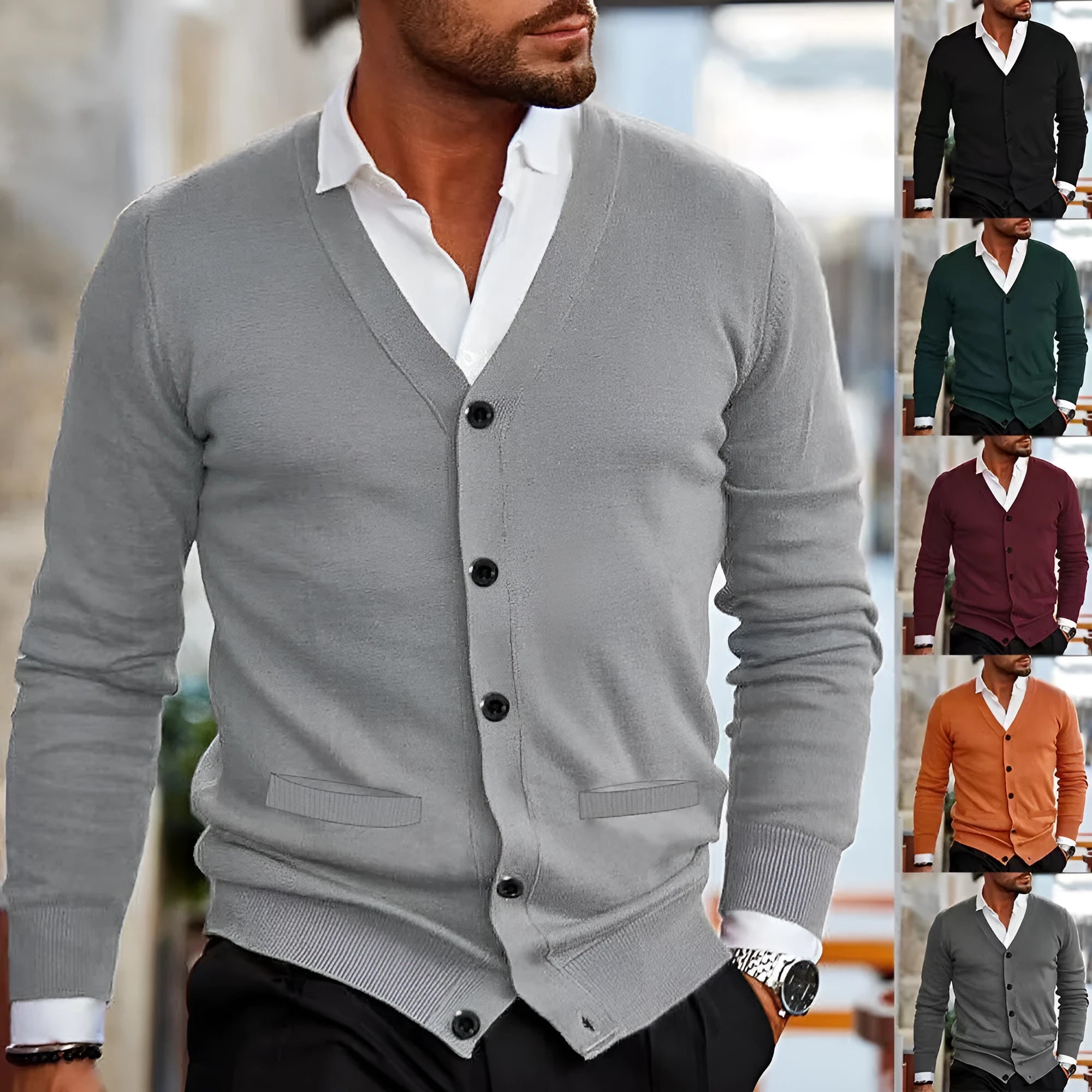 Men's slim fit acrylic cardigan sweater in dark grey, shown as a casual autumn winter layer.