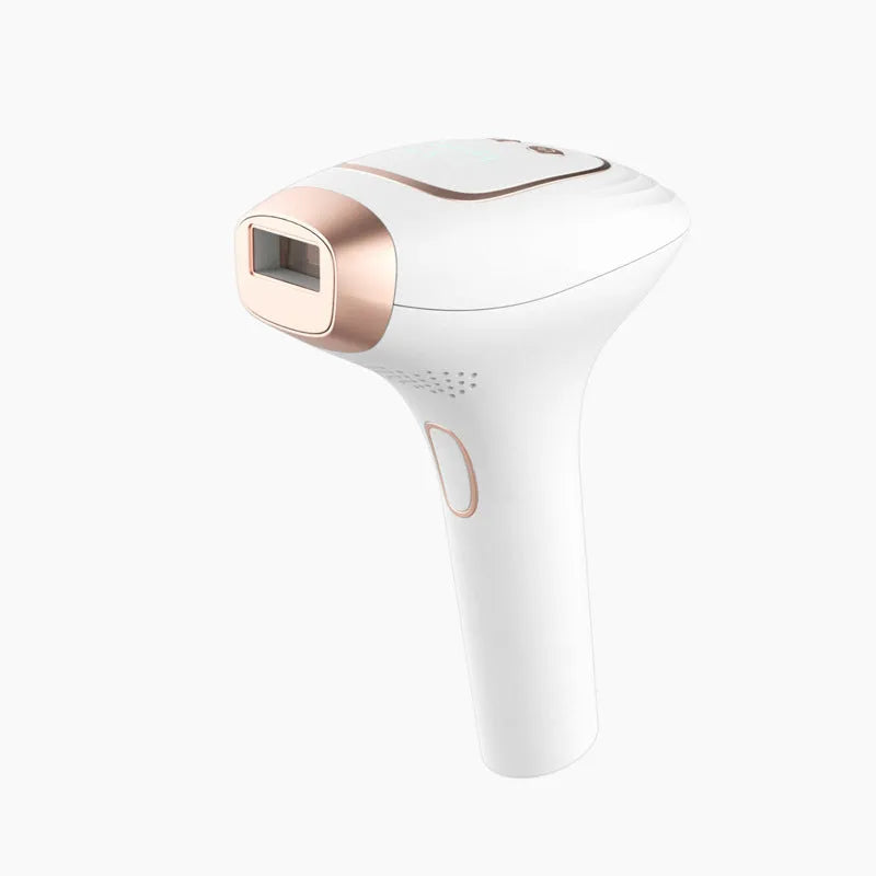 Pink and white three-in-one laser hair removal device with shaver attachment and protective glasses