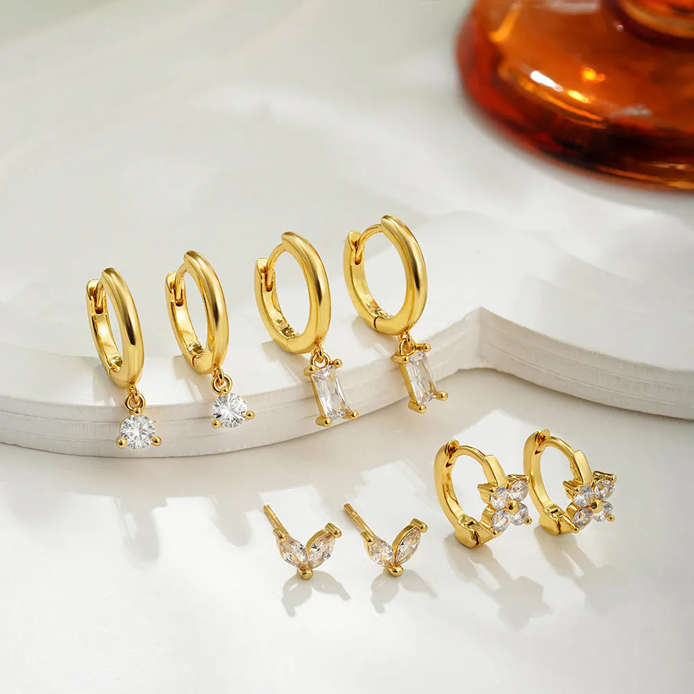 Copper geometric square earrings four-piece set with star designs and electroplated gold or silver finish