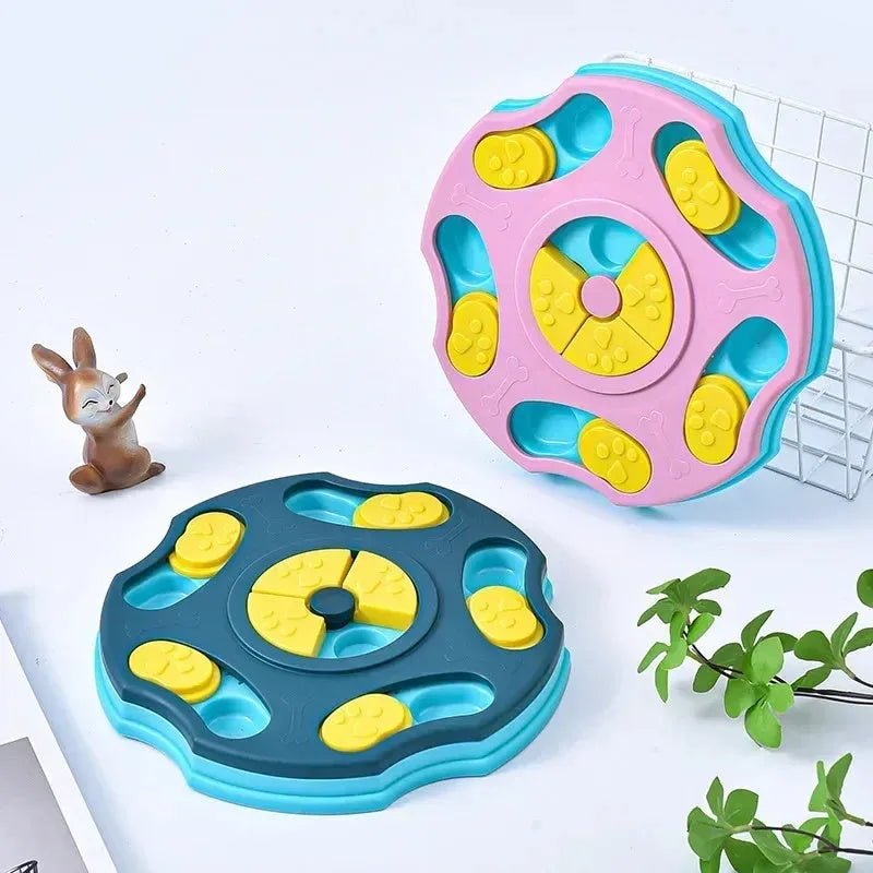 Blue and pink dog puzzle feeder toy with multiple compartments for interactive food searching gameplay