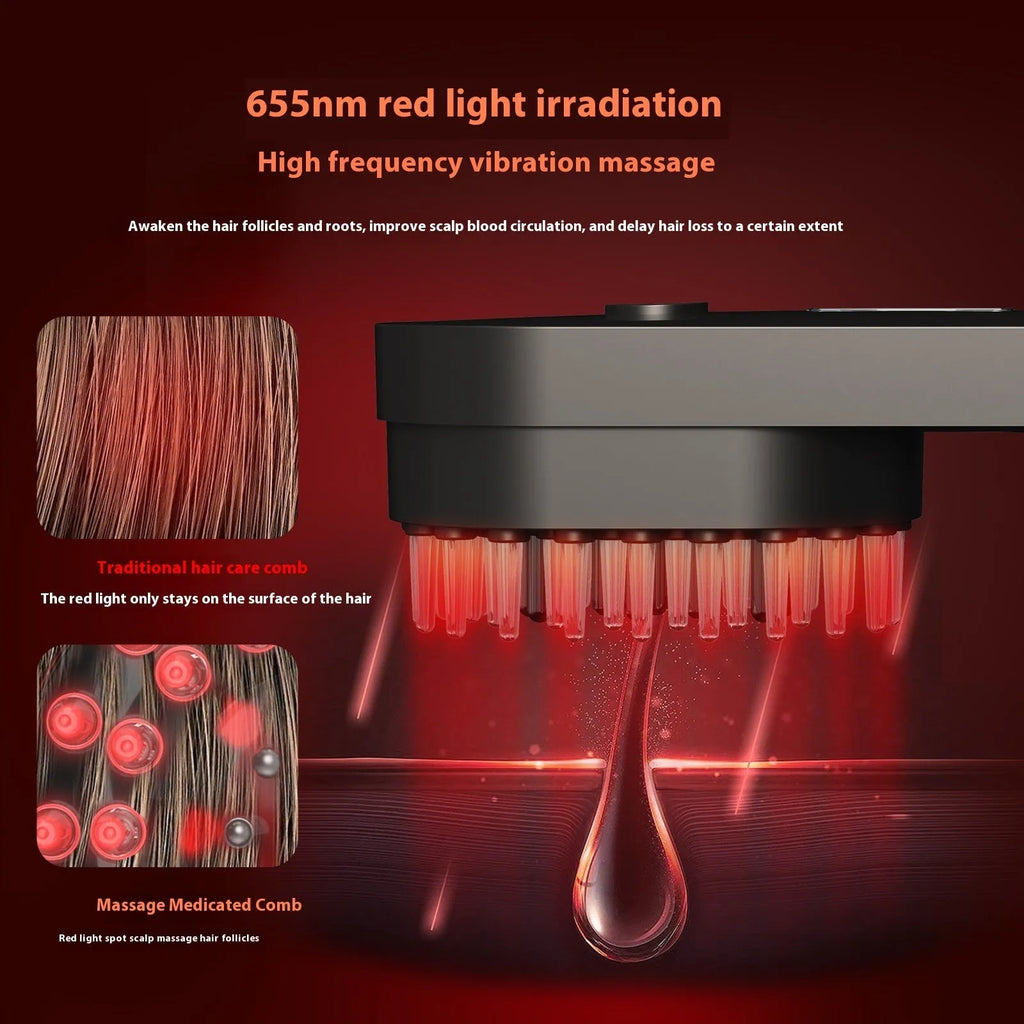 Smart massage comb with red light therapy and fluffy bristles, black and pink options under 10cm size