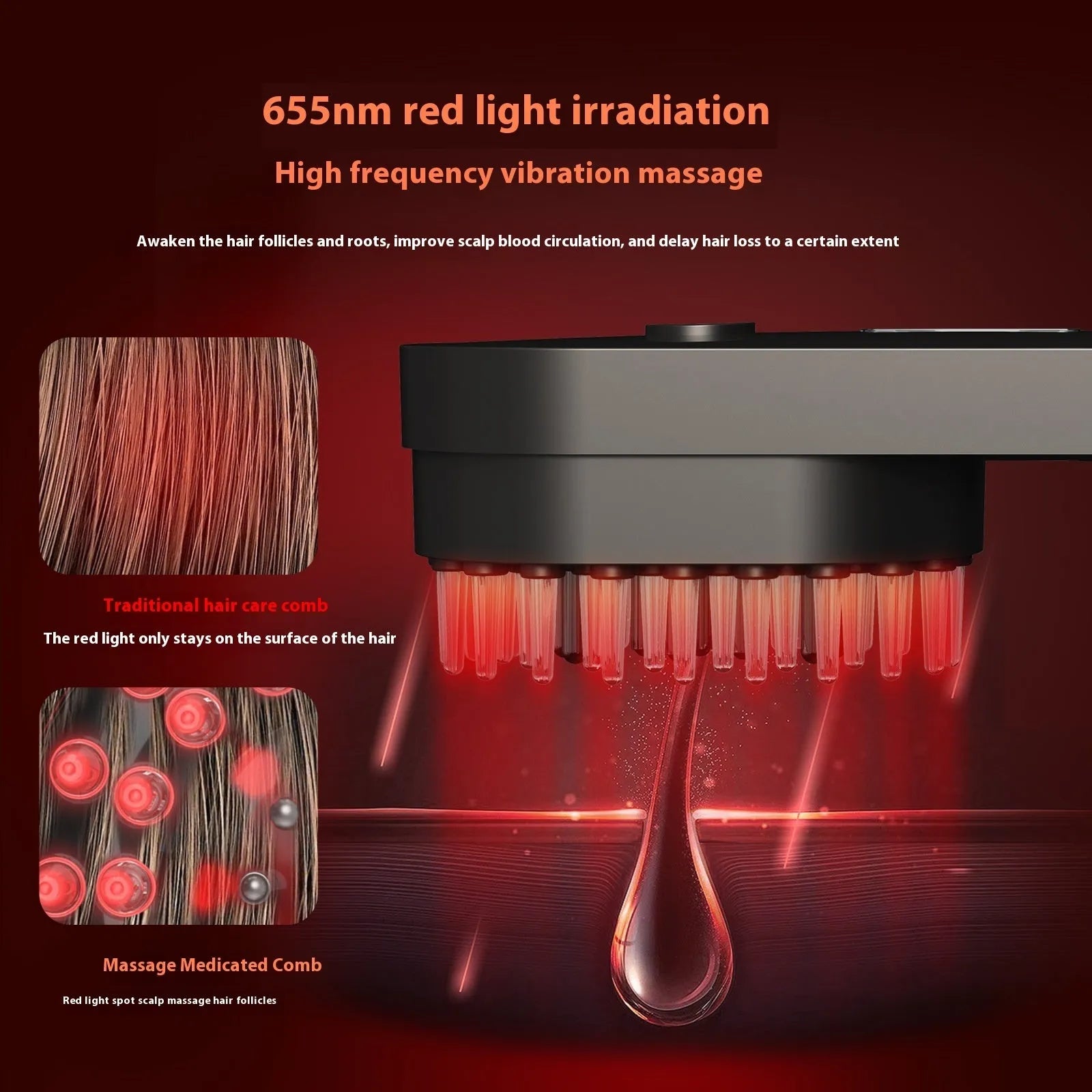 Smart massage comb with red light therapy and fluffy bristles, black and pink options under 10cm size