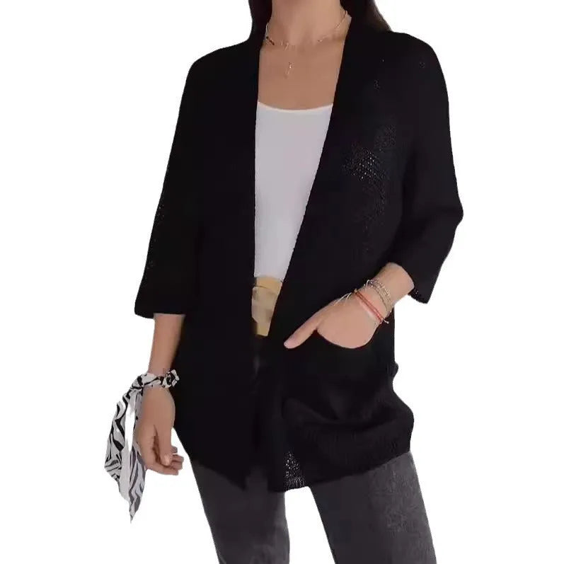 Women's waffle-textured polyester cardigan coat with nine-quarter sleeves in army green colour