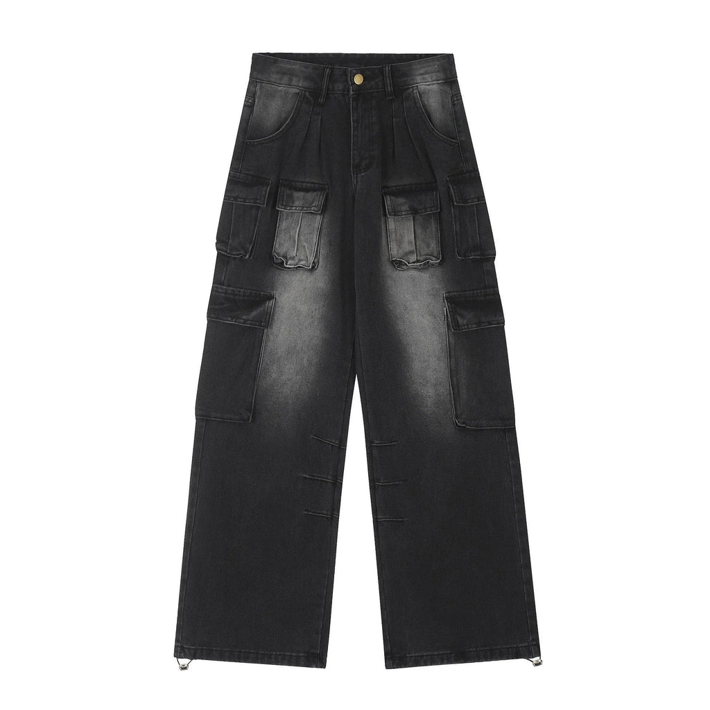 Loose-fit distressed denim jeans with multiple tooling pockets in light blue colour