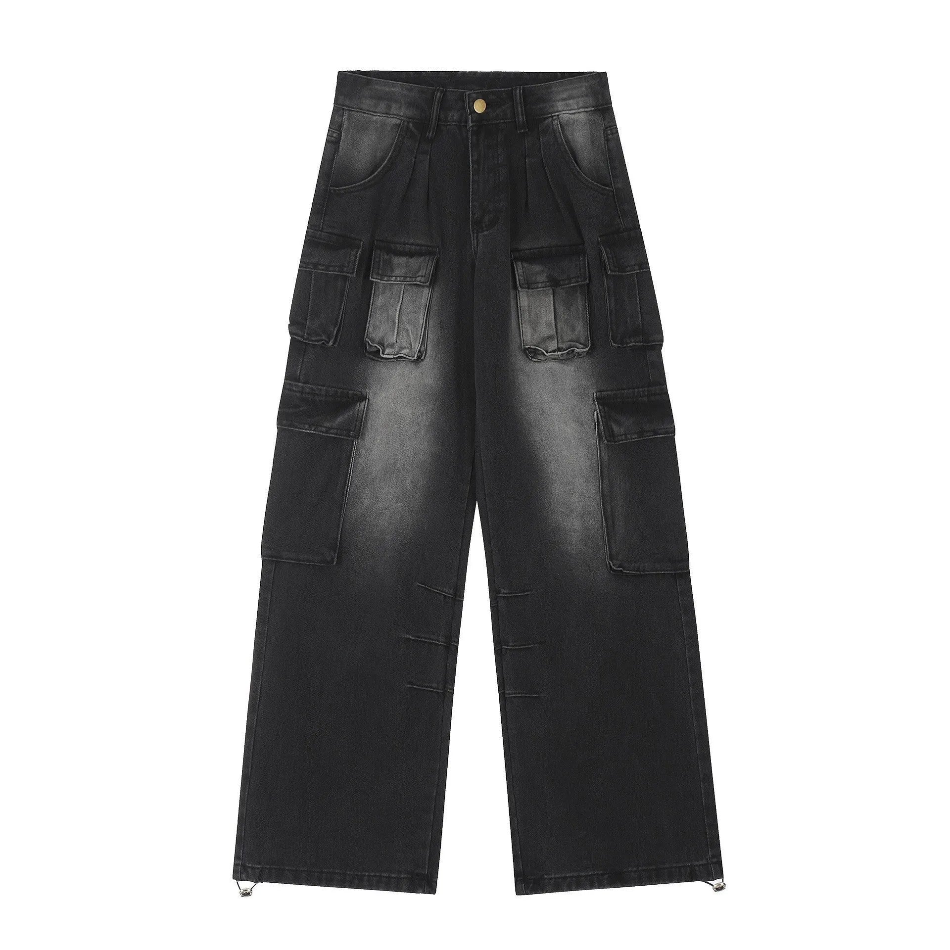 Loose-fit distressed denim jeans with multiple tooling pockets in light blue colour