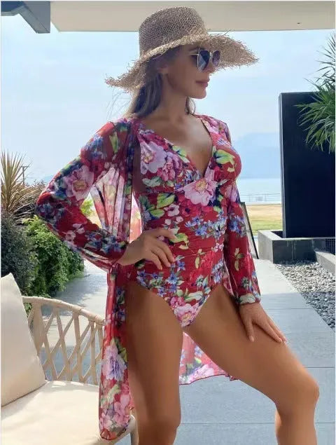 Women's floral bikini three-piece suit with matching coat in seven colour options