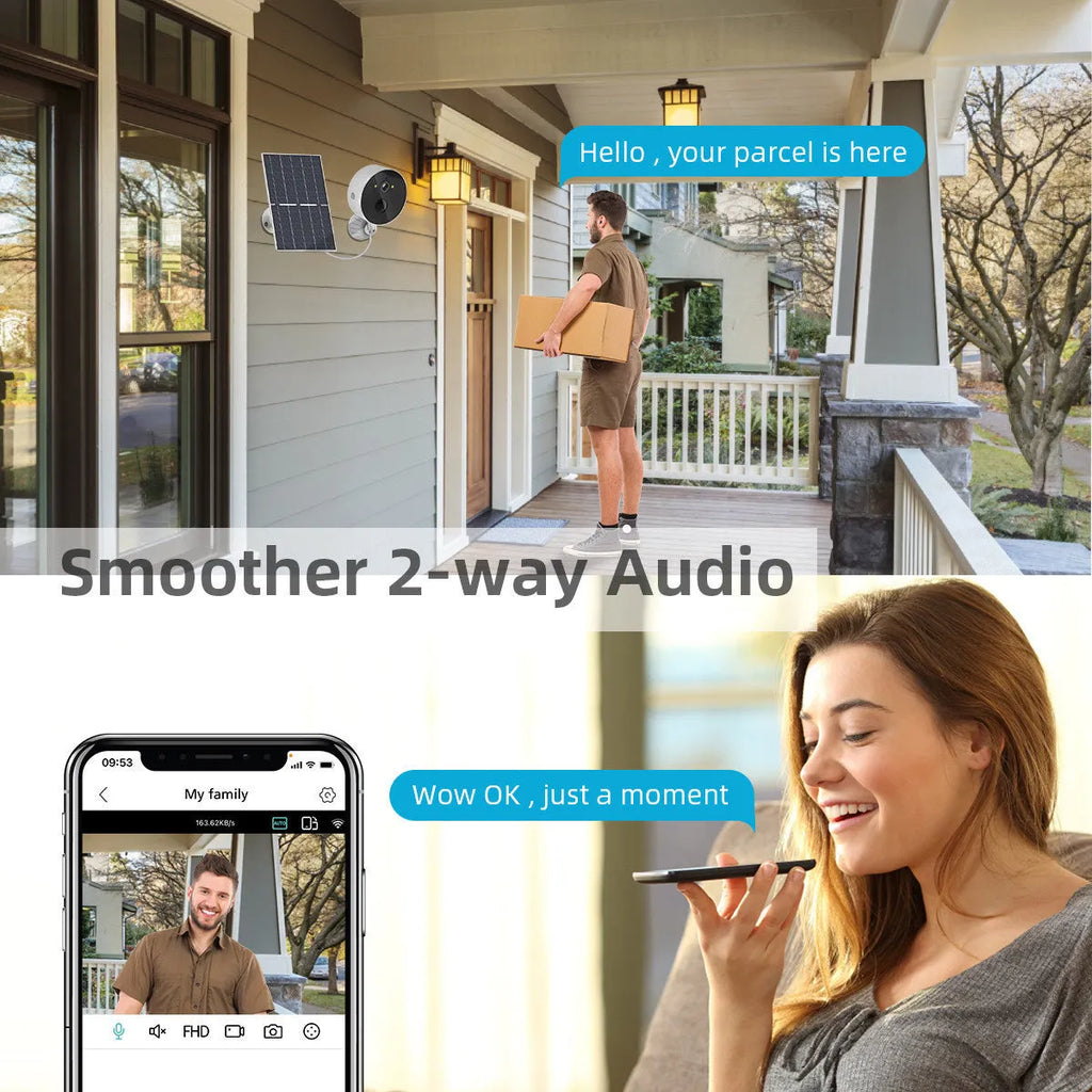 Solar-powered outdoor security camera with solar panel for garden monitoring