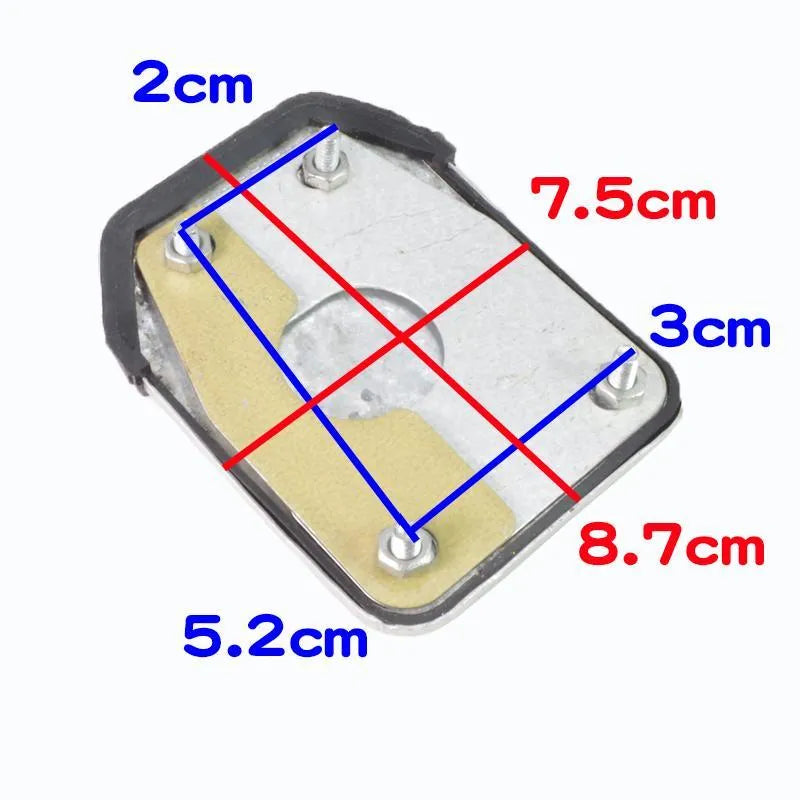 Metal motorcycle brake pedal skid plate showing three design options: Foot Pedal, Square Foot Pedal, and Small Brake Plate