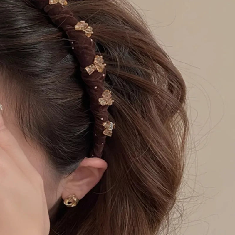 Velvet hairband with crystal wave design in red, black, or coffee colours for thick hair