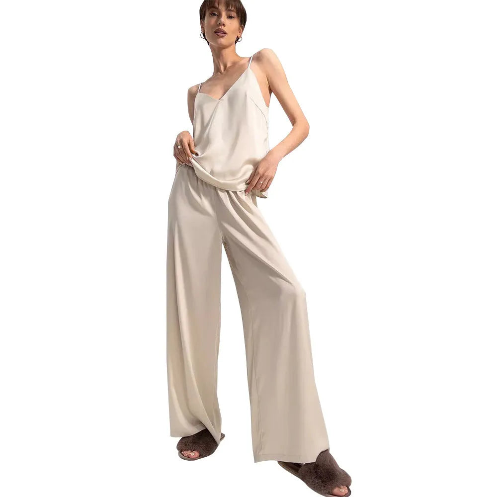 Polyester suspender trousers pajamas suit in European American style, two-piece set, available in multiple colours for home wear
