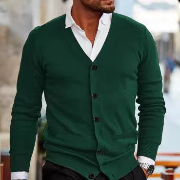 Men's slim fit acrylic cardigan sweater in dark grey, shown as a casual autumn winter layer.