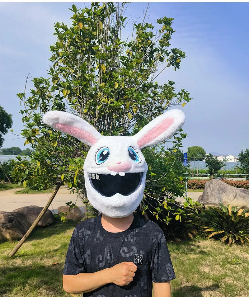 White long-eared rabbit plush helmet cover for an electric motorcycle helmet