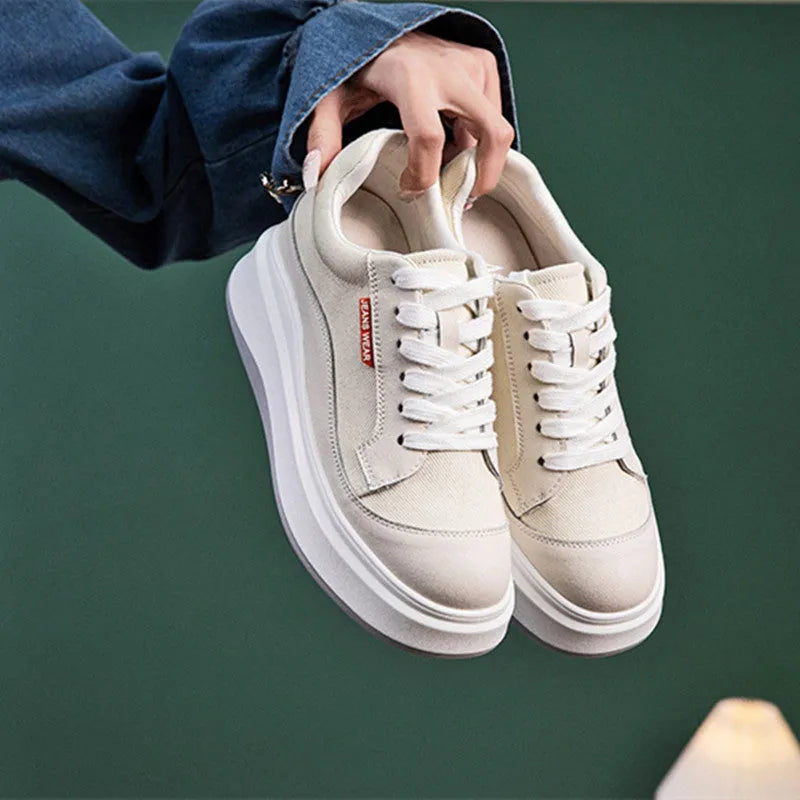 Women's beige and pink cowhide leather board shoes with thick soles for height increase.