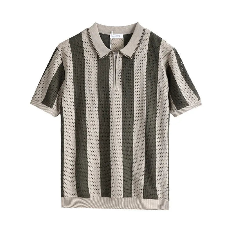 Man wearing a black and white striped short sleeve viscose sweater with a decorative zipper detail.