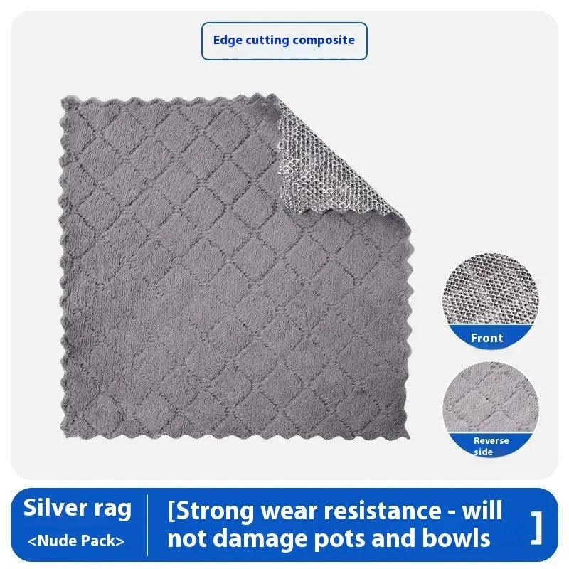 Microfiber kitchen cleaning cloth for pots and bowls in silver wire or composite construction