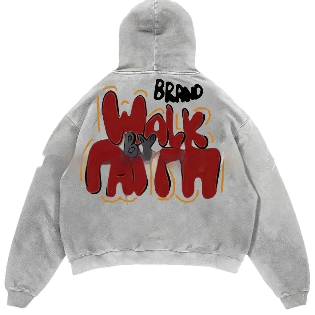Women's Granny Grey Harajuku style hoodie with letter print design and front pockets