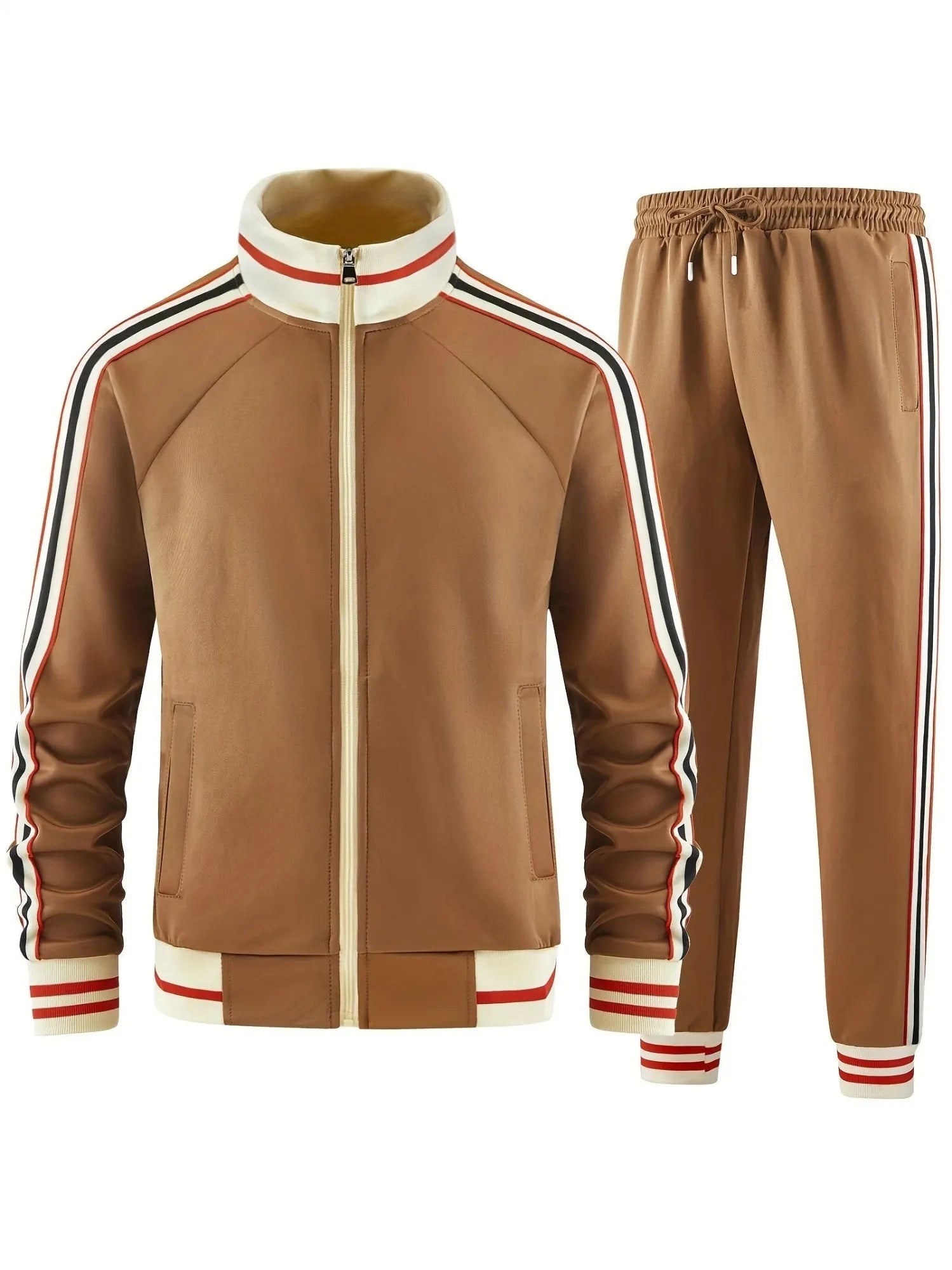 Mens khaki coloured polyester turtleneck zip cardigan and trousers casual suit set