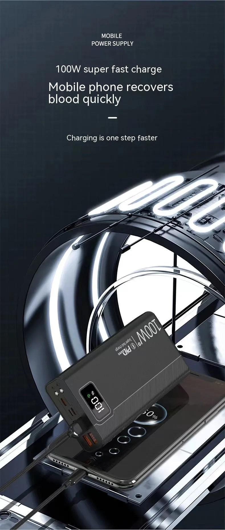 Large capacity power bank portable charger in black or white plastic housing