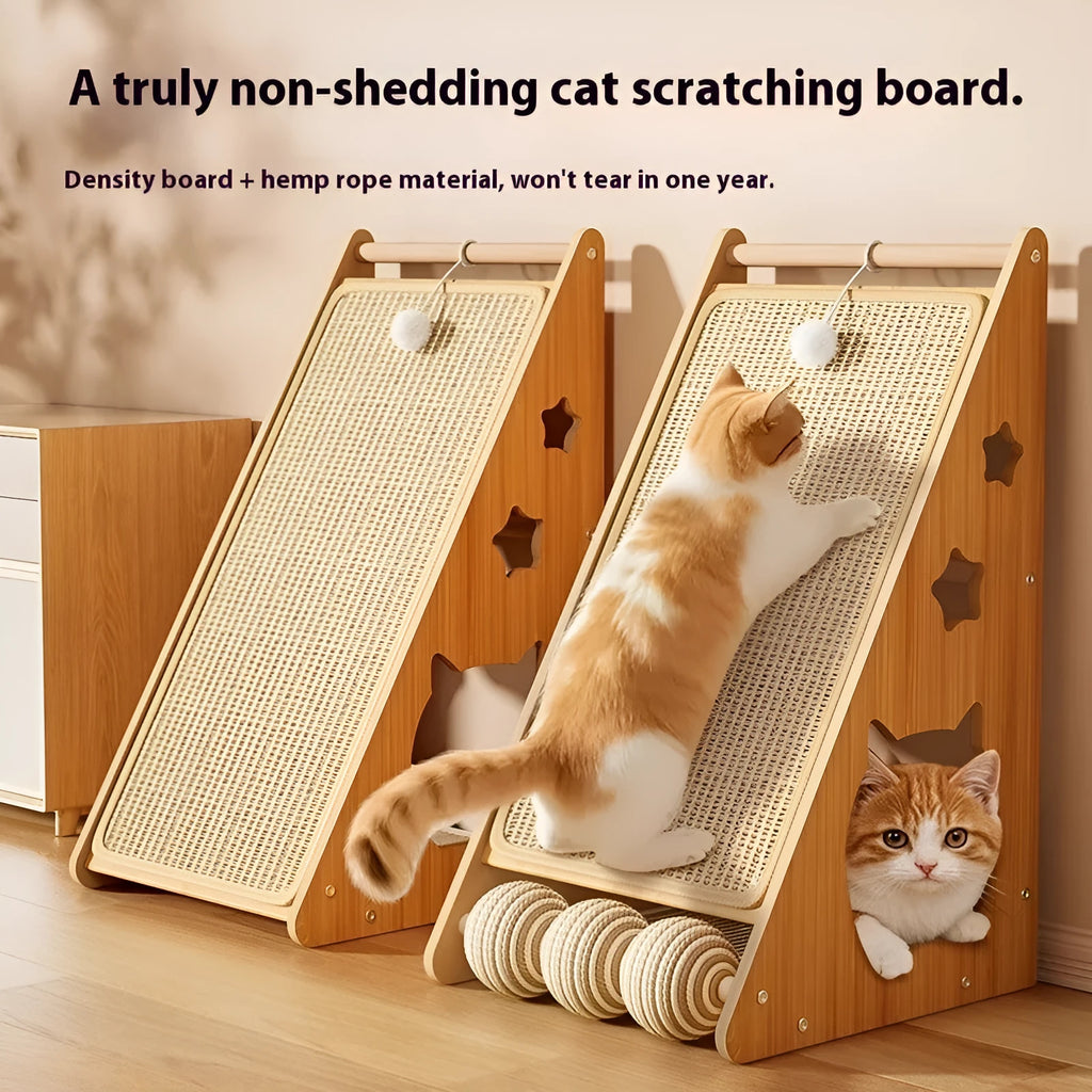 Vertical wall-mounted cat scratch board with sisal surface and hemp rope ball design