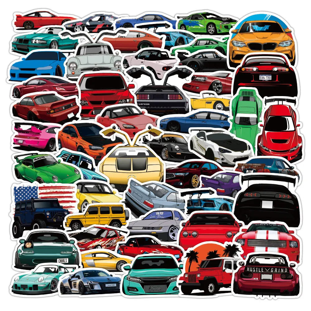 50 modified racing car graffiti stickers with strawberry cow pattern for luggage and laptop decoration