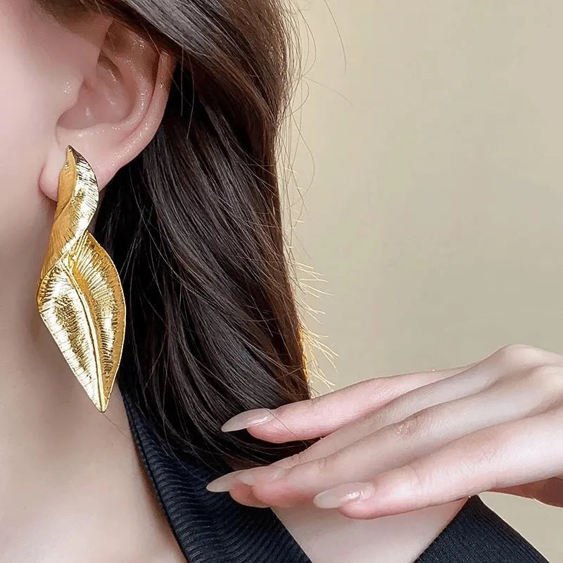 Pair of alloy vintage leaves earrings with retro finish sweet and cool style