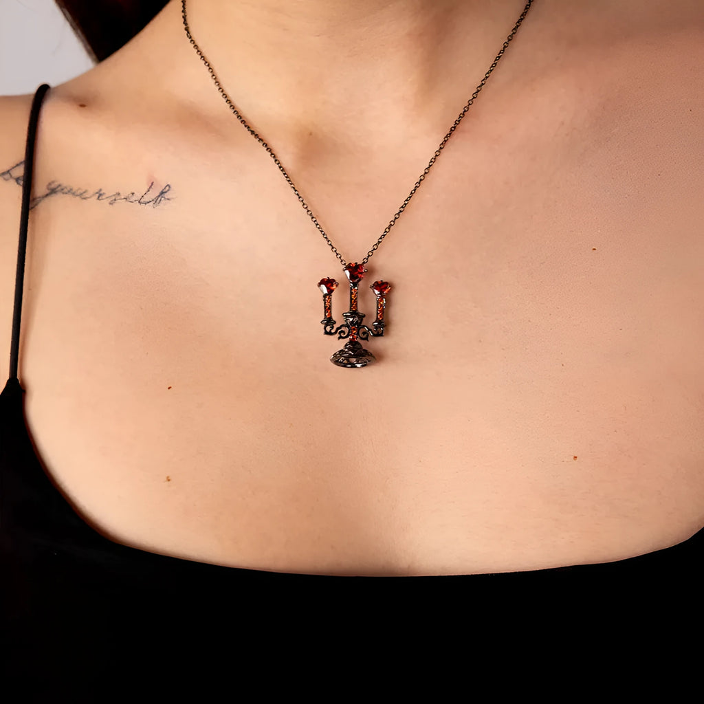 Gothic-style zinc alloy clavicle necklace featuring a hollow candlestick pendant and cross chain in a retro finish.