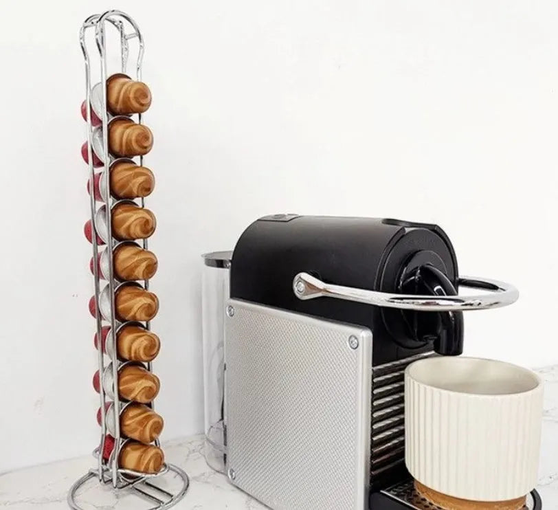 Wrought iron coffee capsule storage rack holding pods with black or silver finish