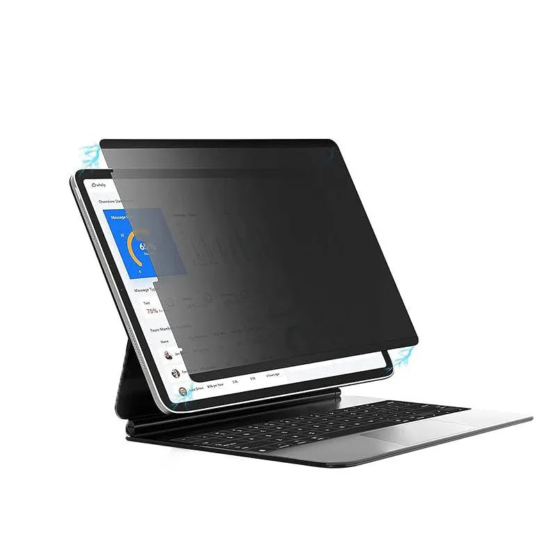 Magnetic suction iPad privacy screen protector with paper-like texture and storage clip on an iPad.