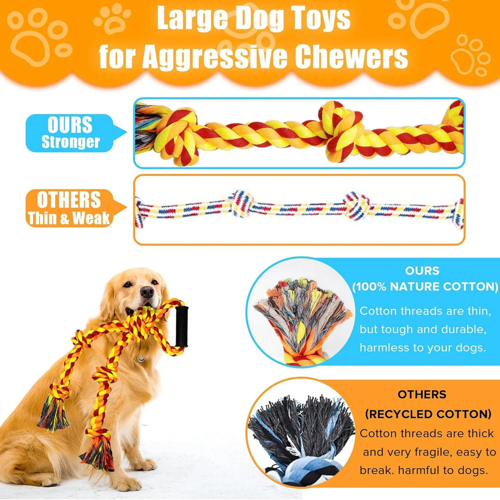 Blue and yellow woven cotton rope dog tug toy with a handle, shown next to a large dog.