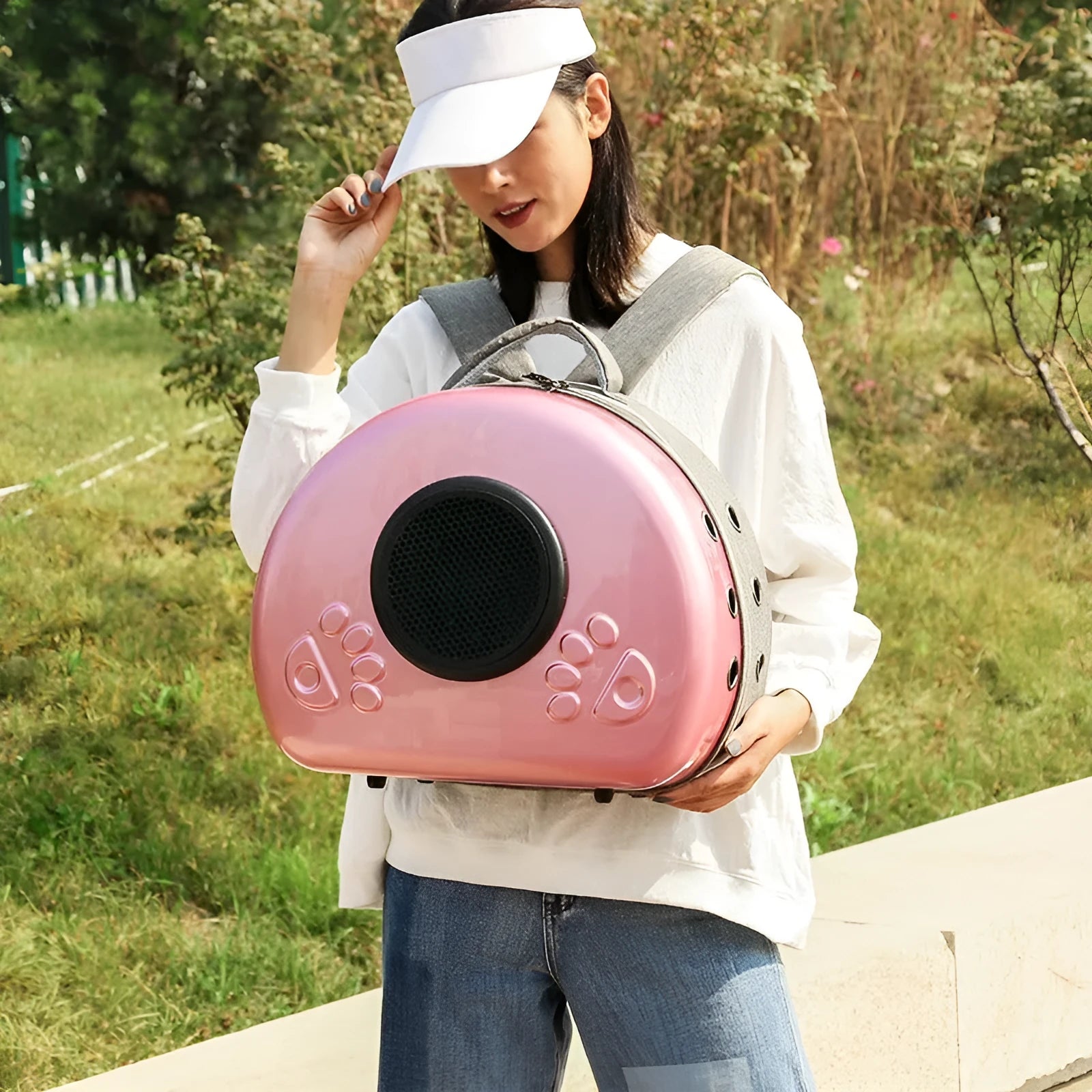 Transparent PC canvas cat carrier bag in space capsule shape with rose gold front cover.