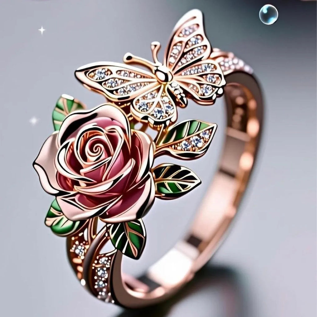 Adjustable butterfly oil drip fairy style necklace ring with colourful alloy surface and floral insect motifs