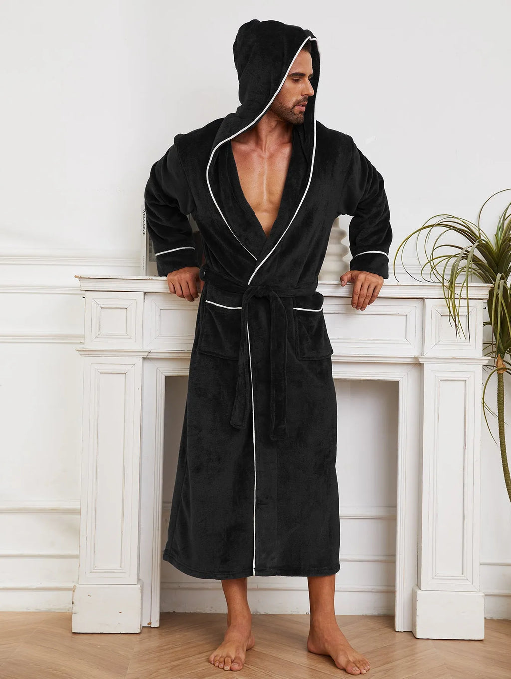 Unisex flannel bathrobe in light gray, dark blue, and black for autumn and winter wear