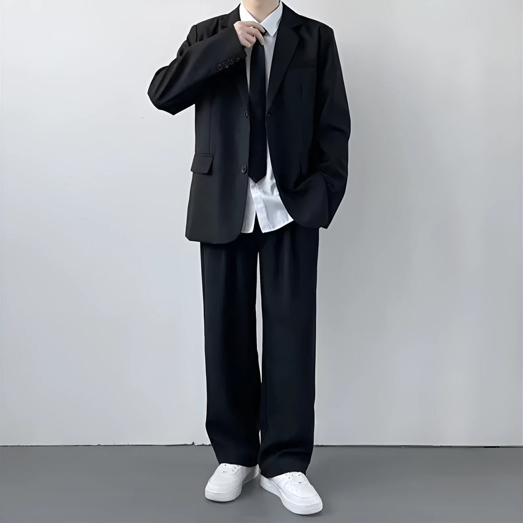 Men's plus size college style suit jacket and trouser set with white shirt and tie in loose fit design