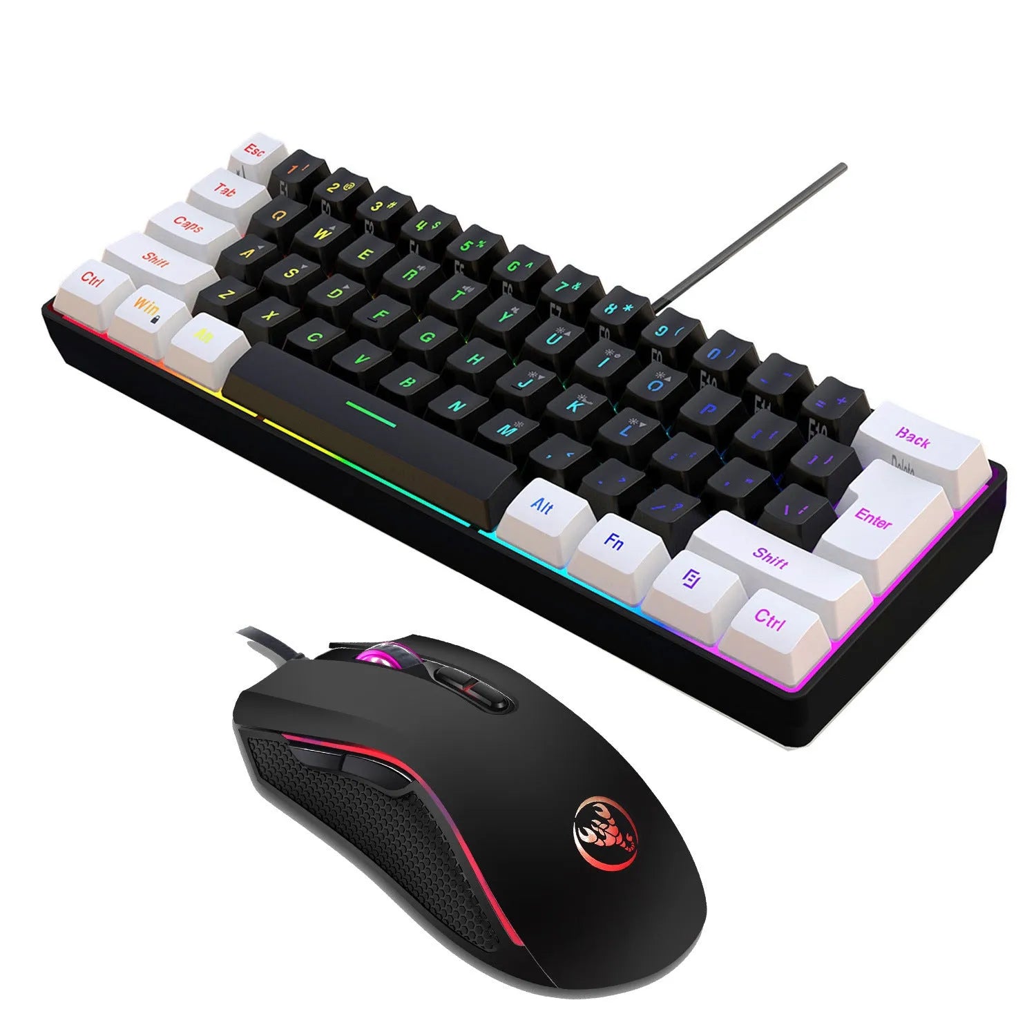White and black gaming keyboard and mouse set with colour backlight on desk beside notebook computer