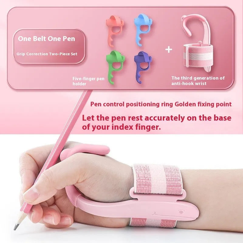 Blue anti-hook wrist brace and pen control corrector for children's writing posture on a table.