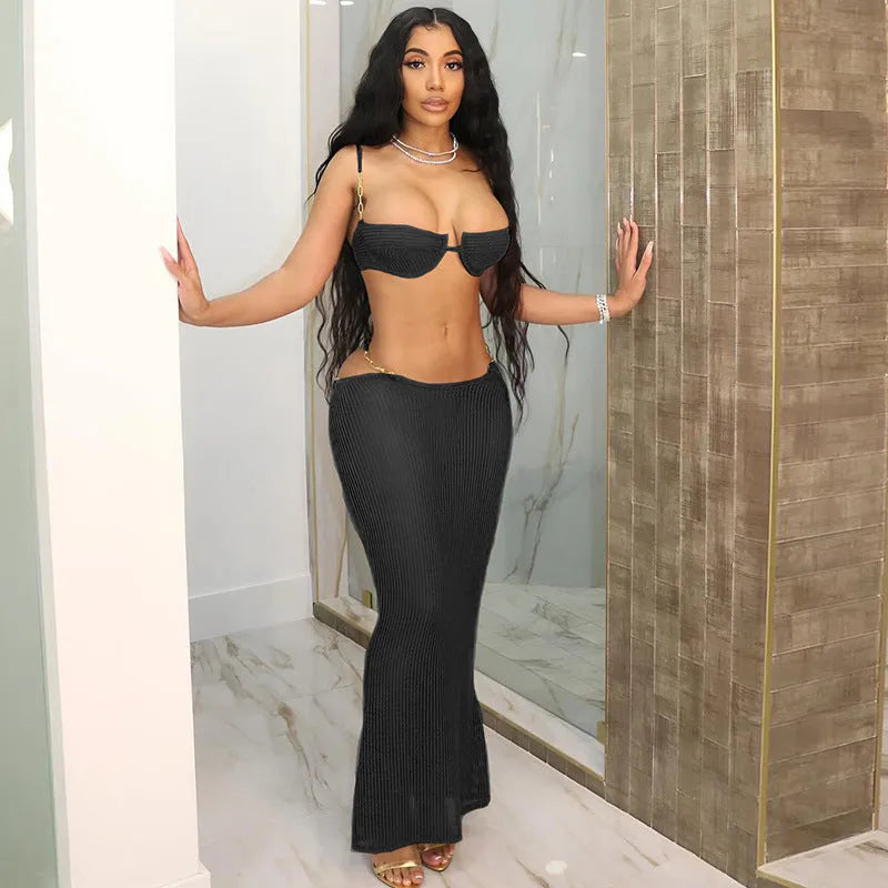 Women's see-through bikini skirt suit in black, long skirt design, polyester fabric