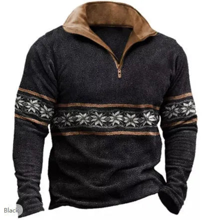 Men's loose fit long sleeve t-shirt with retro colour printing and stripe pattern, showing zip detail on sleeve.