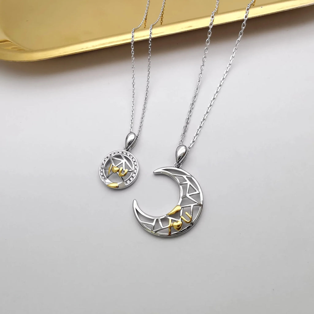 Sun moon tooth couple necklace with copper pendants and cross chain