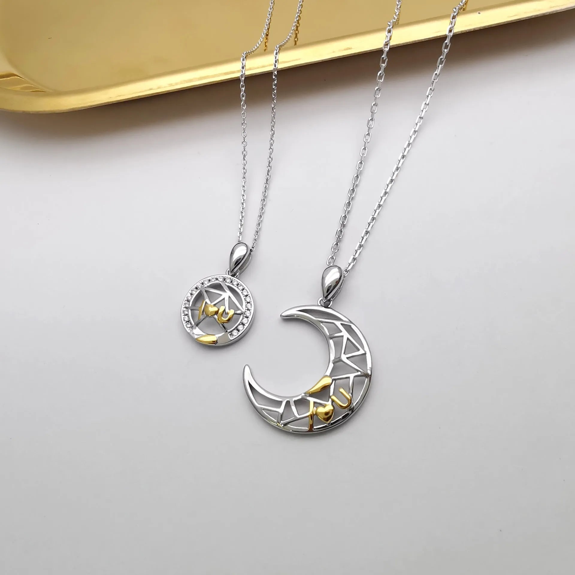 Sun moon tooth couple necklace with copper pendants and cross chain