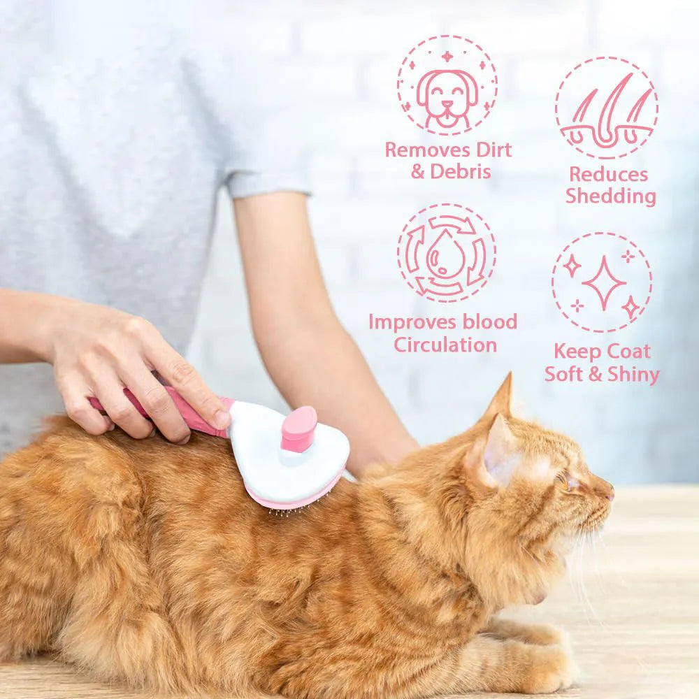 Blue cat grooming brush with a release button and fine wire bristles for removing loose hair.