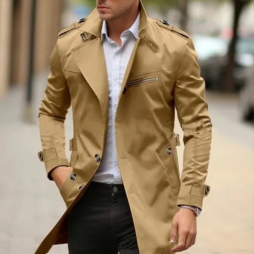 Plus size men's mid-length casual lapel jacket in army green, shown on a model.