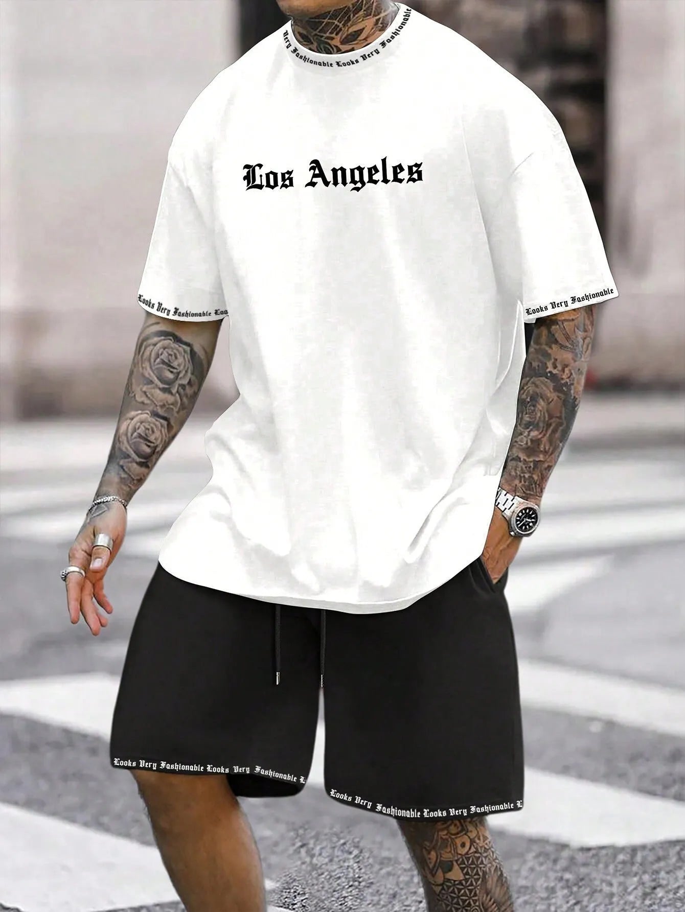 Sports style short-sleeved shorts set with printed pattern, loose fit shorts, and quick-dry fabric