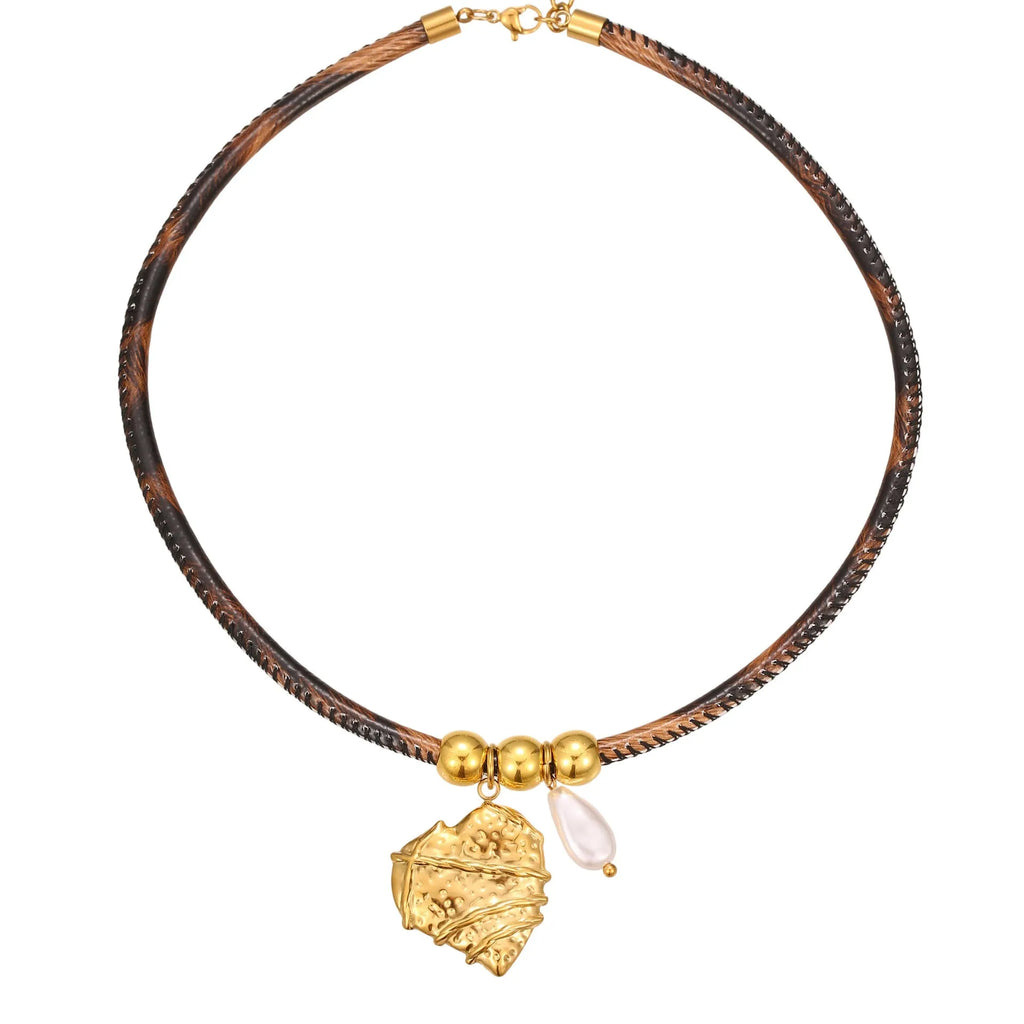 Women's geometric leopard pattern stainless steel necklace with gold electroplated finish on adjustable chain