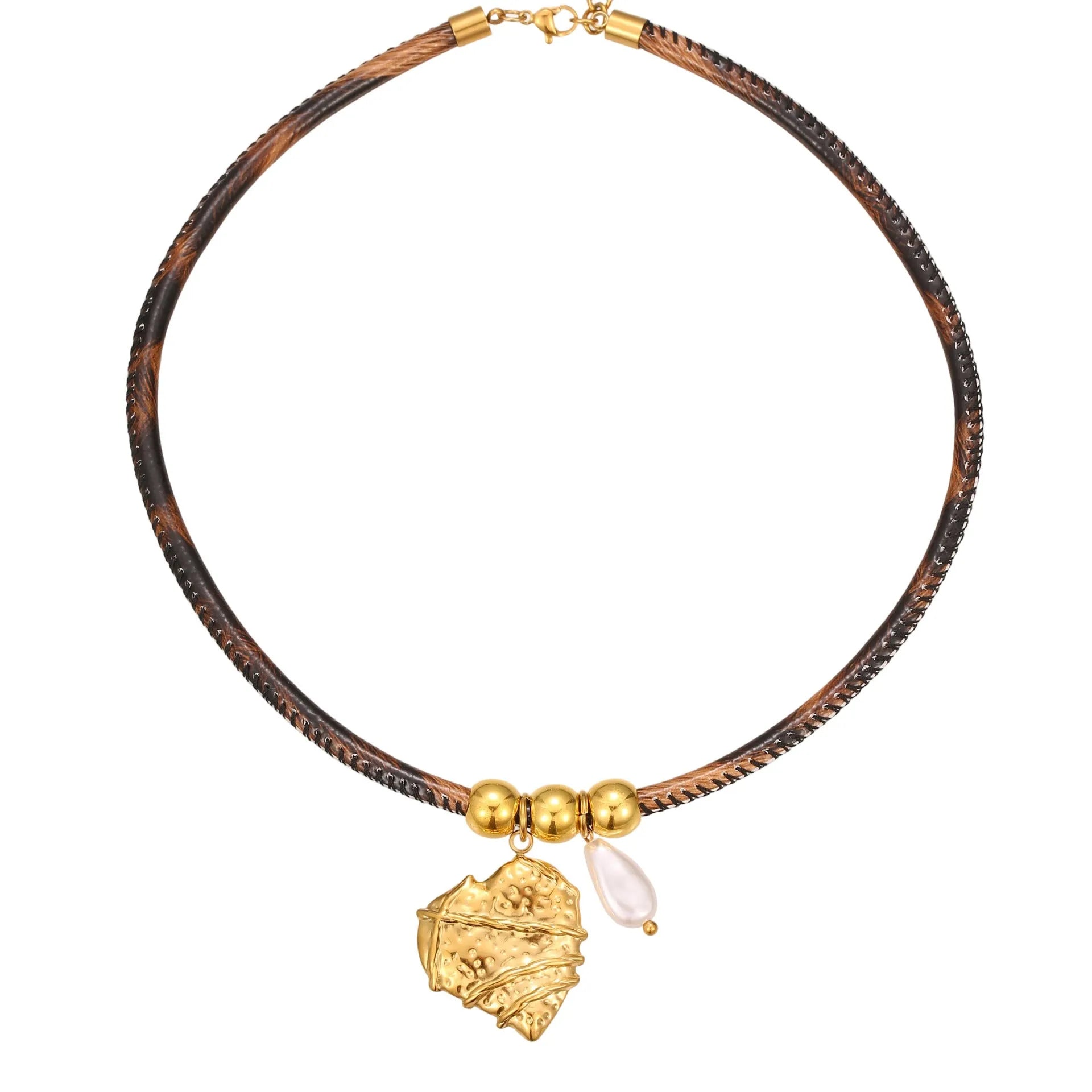 Women's geometric leopard pattern stainless steel necklace with gold electroplated finish on adjustable chain