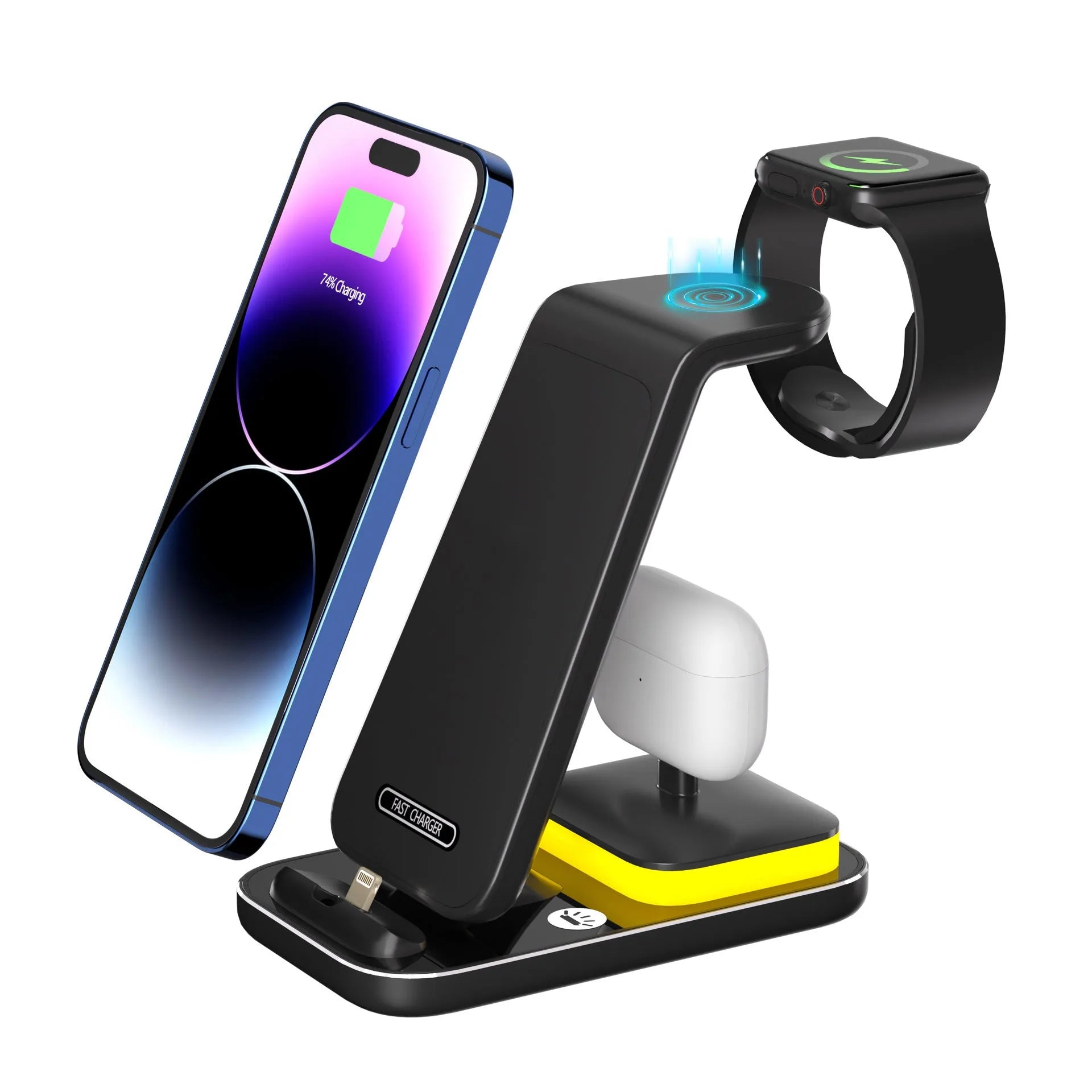 Black vertical wireless charging stand holding mobile phone upright while charging