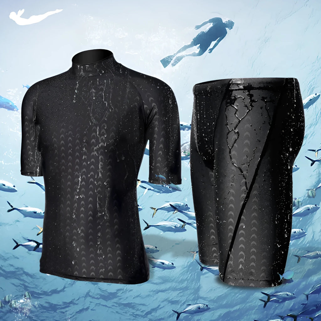 Men's black leopard print quick-drying split swimsuit top for snorkelling and swimming