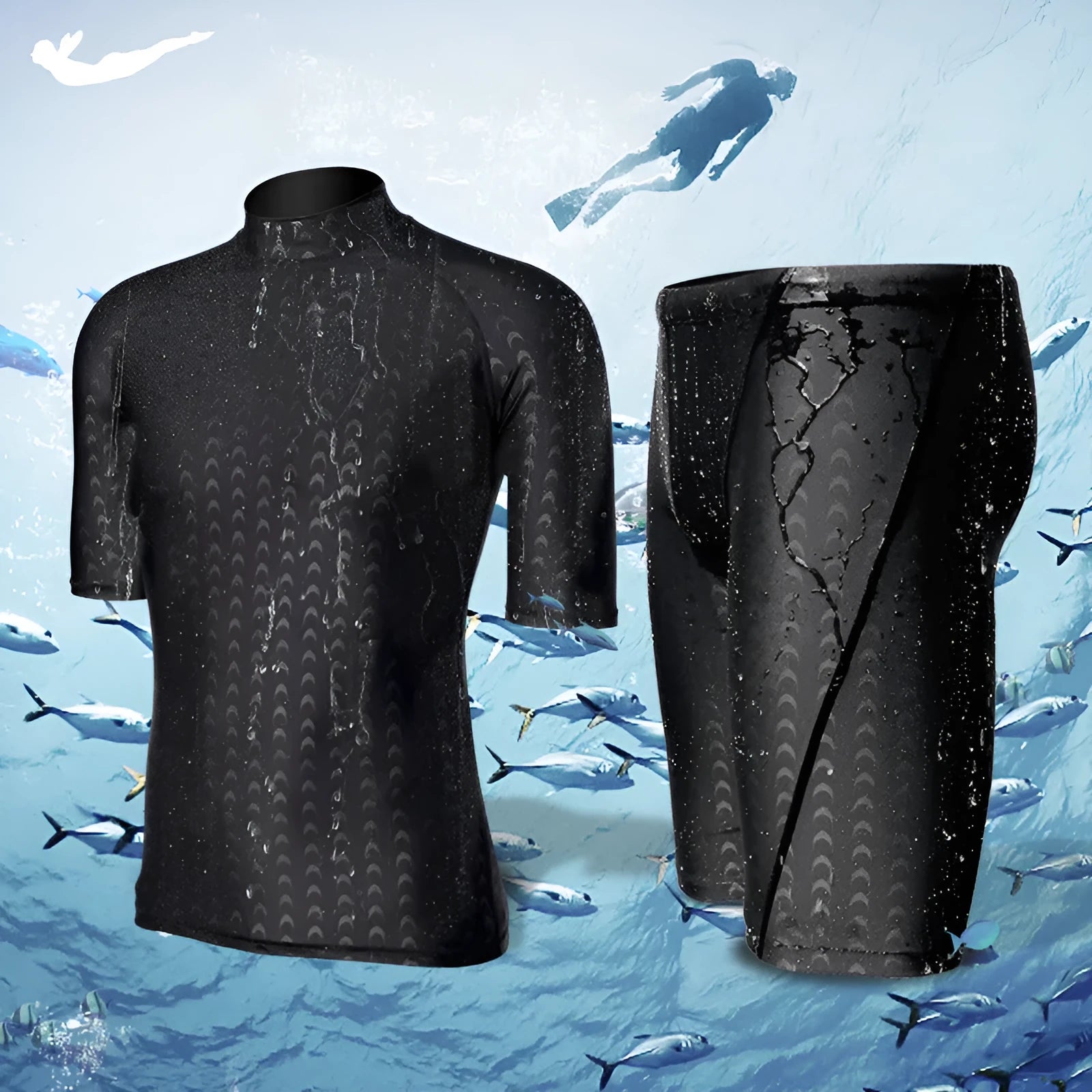 Men's black leopard print quick-drying split swimsuit top for snorkelling and swimming